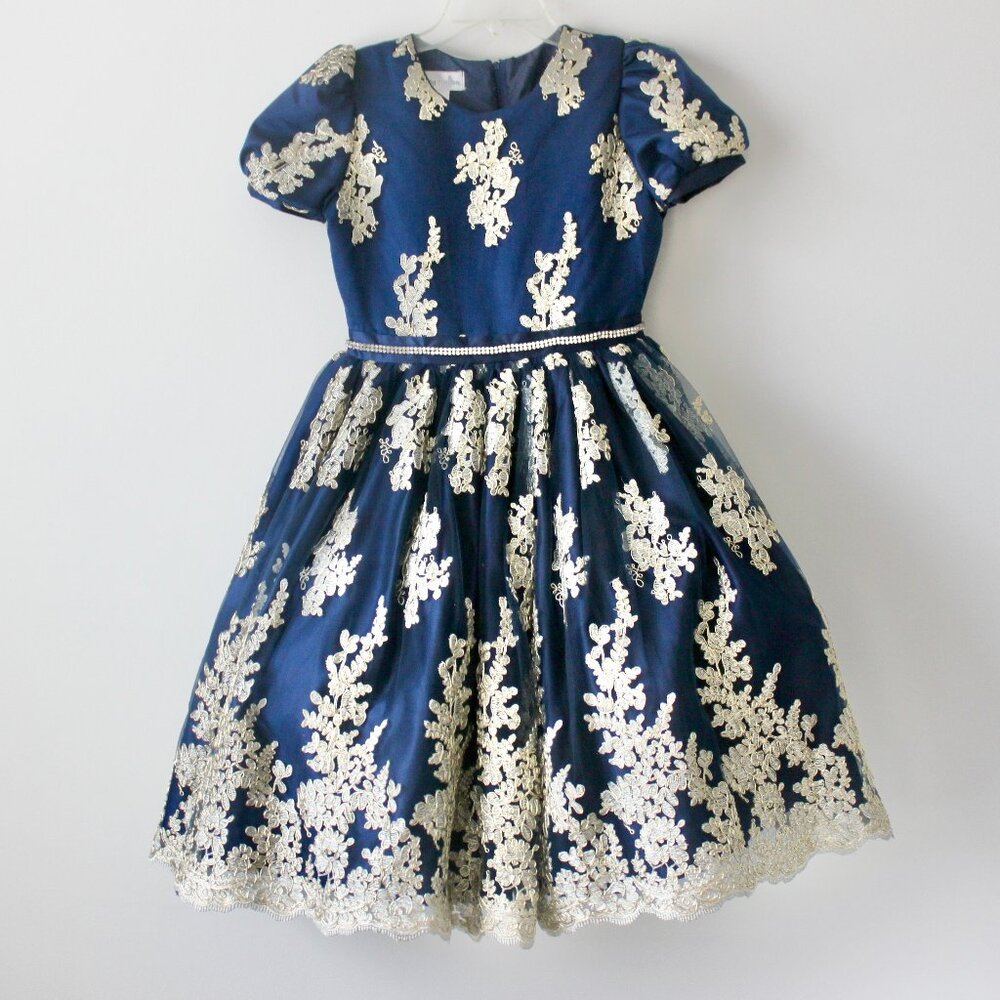 Chasing Fireflies Dark Blue Gold Embroidered Metallic Knee-Length Gown Dress 16